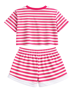 Ensemble crop top et short rayé rose vif et blanc pour femme – Tenue décontractée d'été deux pièces avec taille élastique – Vêtements de détente et streetwear - Product Image 4