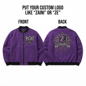 Blouson Bomber Homme Premium 300 GSM en Polaire Polyester Violet et Noir avec Poignets en Tricot Côtelé, Fermeture Éclair Avant, Broderie Strass et Logo Personnalisé - Product Image 1