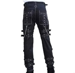 Pantalon noir de style gothique pour homme avec plusieurs poches et chaînes, taille haute, fermeture éclair, en toile, pour l'automne - Product Image 2
