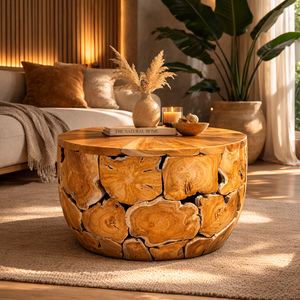 Table ronde en teck rustique ARTERRA Premium, table basse artisanale en bois naturel, meubles de salon - Product Image 3