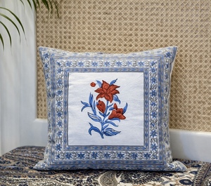 Premium Cotton Hand Block Square <b>Cushion</b> Cover with Red Blue Floral Print for Home & Hotel Decor - Product Image 2