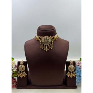 Indian Ethnic Gunika Heritage <b>Gold</b> Plated Bridal Choker <b>Set</b> with Earrings - Product Image 1