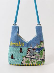 Handmade Beaded Amalfi Scene Handbag Blue <b>Canvas</b> Embroidery Craft Souvenir - Product Image 6