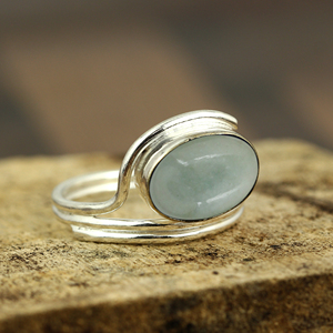 Bague Gourik Aquamarine en argent sterling 925 poli miroir, style vintage, avec cabochon ovale, à double anneau, faite à la main pour femme - Product Image 3