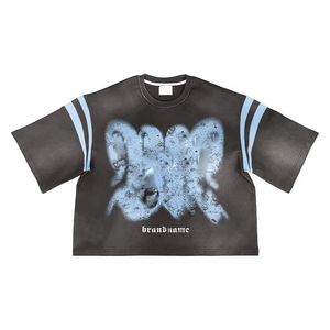 T-shirt femme en coton French Terry 260 GSM, bleu, avec empiècements contrastants, imprimé vintage personnalisé par transfert thermique, col rond, séchage rapide, respirant - Product Image 4