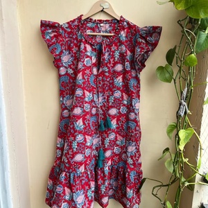 Robe midi pour femme imprimée à la main, style bohème, en gaze de coton, col rond, sans manches, motif floral, tenue décontractée, mini-robe courte - Product Image 1