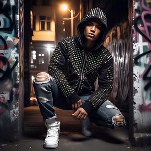 Sweat à capuche unisexe surdimensionné noir en coton 100% avec cordon de serrage, orné de pierres précieuses et de strass, style streetwear - Product Image 2