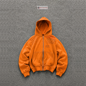 Sweat-shirt à capuche zippé surdimensionné orange pour homme, coupe classique, style décontracté, couleur unie, tissu tricoté, motif graphique, effet délavé - Product Image 5