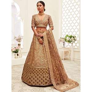 Tenue de mariage exceptionnelle en soie flammée Lehenga Choli en marron brodé pour les mariées - Product Image 6