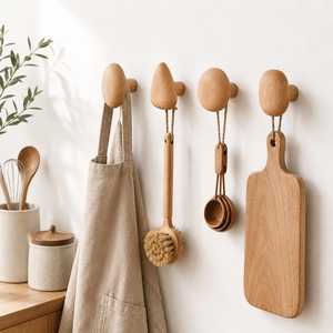 Wooden Round <b>Wall</b> Mounted Hanging <b>Hooks</b> & Rails Eco-Friendly Pre-Drilled Multifunction Clothing Organizer for Kitchen Home Use - Product Image 4
