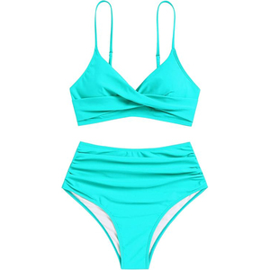 Women's Turquoise Bikini Set <b>Crossed</b> Halter <b>Top</b> High Waist Bottom Solid Color Swimwear Two Piece Stretch Beachwear - Product Image 3