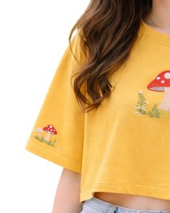 เสื้อยืดครอปสีเหลืองมัสตาร์ดสำหรับผู้หญิง ปักลายเห็ด แขนสั้น สไตล์ลำลอง แฟชั่น ผ้าคอตตอนผสม เนื้อนุ่ม เสื้อผู้หญิงสำหรับฤดูร้อน ขายส่ง - Product Image 4