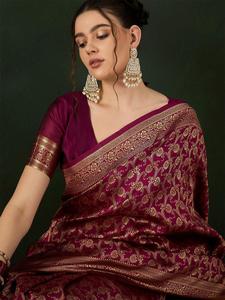 Sari indien ethnique traditionnel en soie artificielle marron à double bordure, avec brocart floral doré, séchage rapide, longueur au sol, pour mariage, pour femme - Product Image 3