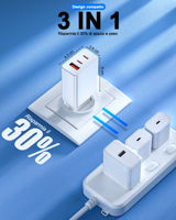 65W Hızlı Şarj Cihazı AB Fişi 3 USB Girişi PD 3.0 QC 3.0 Yanmaz Duvar Adaptörü Dizüstü Bilgisayar Telefon Tablet Kulaklık Akıllı Saat 5V/3A için