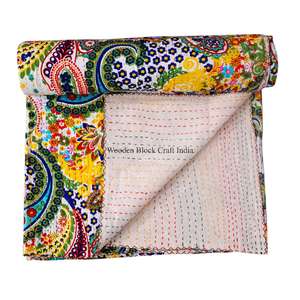 Colcha Kantha de algodón 100% orgánico, hecha a mano, de alta calidad, con estampado paisley vintage, ecológica, para todas las estaciones, tamaño doble. - Product Image 6