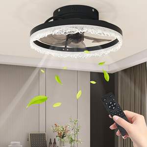 16\" Modern Flush Mount LED Ceiling Fan Light <b>Crystal</b>-Inspired Acrylic <b>Ring</b> Remote Control Dimmable Stylish Black for Stylish - Product Image 2