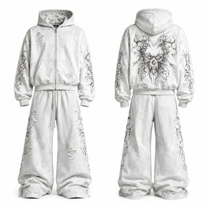 Ensemble de survêtement gothique unisexe gris avec sweat-shirt et pantalon en coton à imprimé crâne, coupe ample, streetwear d'automne - Product Image 1
