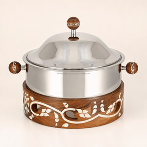 Plat de service isolant en bois de luxe avec couvercle en acier inoxydable, compatible gaz et induction, écologique, fait main, décoratif pour aliments - Product Image 1