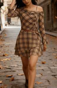 Women’s Vintage Plaid Off-Shoulder Ruffle Mini Dress with Belt – Long Sleeve Layered Skirt Street Style Dress - Product Image 6