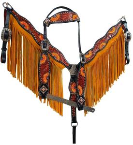 Conjunto de cuello de pecho y cabeza de cuero genuino recién diseñado de calidad superior con flecos de cuero de gamuza tallados a mano - Product Image 1