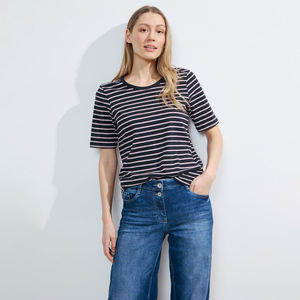 Camiseta de punto a rayas de manga corta con cuello redondo para mujer, corte regular, informal - Product Image 1