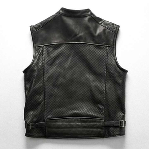 <b>Mens</b> <b>Black</b> Genuine Leather Waterproof Breathable Eco-Friendly Motorcycle <b>Vest</b> V-neck Zipper Closure Custom Biker Riding <b>Vest</b> OEM - Product Image 2