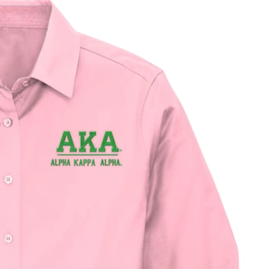 Greek Letter <b>Oxford</b> Shirt Pink <b>Women's</b> Long Sleeve Button Down Cotton Collared Sorority Dress Shirt with Embroidery - Product Image 4