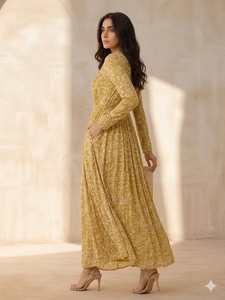 Vestido Maxi de Muselina Lavable con Estampado Floral de Tallo de Loto y Mostaza, Estilo Casual, Largo hasta el Suelo, Corte en A, para Todas las Estaciones - Product Image 2