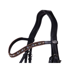 Bridon d'équitation en cuir verni fait main avec frontale en strass et coiffure anatomique rembourrée pour dressage anglais - Product Image 2