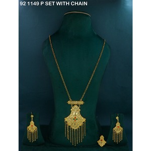 Hermoso conjunto de collar con colgante Jhalar chapado en oro, estilo étnico, conjunto de joyería de aleación de oro, collar con cadena para mujer, joyería de moda. - Product Image 3