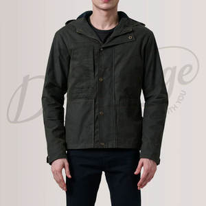 Veste en toile cirée vert foncé pour homme, résistante à l'eau, à capuche, veste de plein air décontractée, coupe ajustée, veste de terrain en toile de coton - Product Image 2
