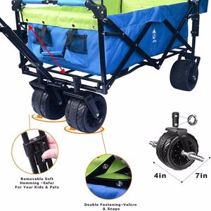 Carrello da Campeggio Pieghevole con Grandi Ruote Tutto-Terreno e Freno, Maniglie Regolabili, Tettuccio Rimovibile e Borsa Termica Verde Blu - Product Image 4