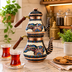 Juego de Tetera de Cobre Hecho a Mano, Pintado con Esmalte, Estilo Medio Oriente, con Asa de Madera, Tetera Duradera, Juegos de Café y Té - Product Image 4