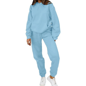 Ensemble de survêtement bleu clair à capuche pour femme, décontracté, couleur unie, manches longues, avec cordon de serrage et poches latérales - Product Image 1
