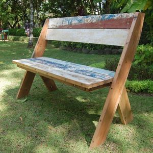 Banc d'extérieur artisanal avec dossier en bois de bateau recyclé couleur naturelle pour jardin, parc, maison – Mobilier démontable - Product Image 4