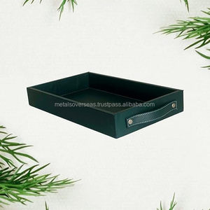 Bandeja de servicio rectangular de polipiel verde oscuro con asas laterales curvas Bandeja de servicio decorativa moderna - Product Image 2