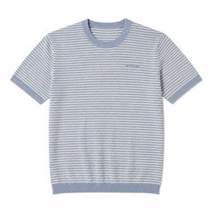 Camiseta de punto a rayas teñidas para hombre, manga corta, cuello redondo, corte ajustado, informal, para verano, OEM ODM, venta al por mayor con estampado - Product Image 2