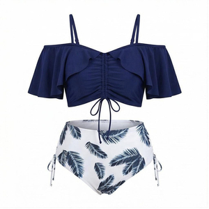Women's Off-The-Shoulder Ruffle 3-Piece Sexy <b>Bikini</b> <b>Set</b> V-Neck <b>Triangle</b> Bra High Waist Floral Skirt Bottoms Breathable Fabric - Product Image 5