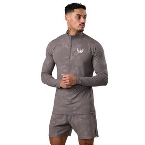 <b>Mens</b> Camo Quarter Zip Training <b>Pullover</b> Long Sleeve Athletic Gym Top Moisture Wicking Running Fitness Sports Activewear Shirt - Product Image 1