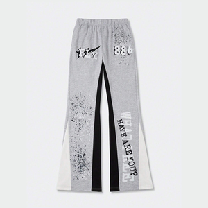 Pantalon de survêtement gris évasé à taille élastique avec imprimé par transfert thermique et lettres décoratives, pantalon décontracté mi-saison en maille pour homme - Product Image 2