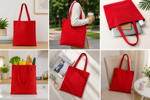 Red Canvas <b>Tote</b> Bag 15x13x3.5 Inch Open Top Everyday Use Solid Color Reinforced Stitching - Product Image 5