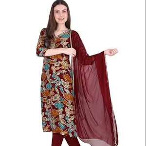 Conjunto de traje Patiala SAZU con estampado floral color granate para mujer, con kurta, pantalón y dupatta en algodón y rayón para uso diario, con bordado en el cuello. - Product Image 1