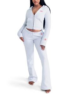 Survêtements pour femmes avec logo personnalisé, ensemble 2 pièces pantalon évasé, vêtements en coton de haute qualité, sweat à capuche zippé, pantalon de survêtement pour femmes - Product Image 4