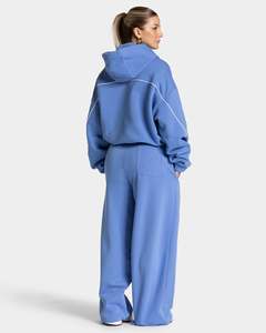 Sudadera con capucha informal extragrande para mujer, azul celeste con contraste, de forro polar premium, con ribetes, al por mayor - Product Image 6