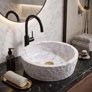 Modern <b>Round</b> Marble Vessel <b>Sink</b> with Drainer Countertop Mounted <b>Bathroom</b> Vanity Basin - Product Image 5
