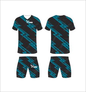 ชุดเสื้อฟุตบอลแบบซับลิเมชั่นสีดำ-เขียวมรกต ลายเรขาคณิต คอวี แขนสั้น ระบายเหงื่อได้ดี ทรงสปอร์ต - Product Image 1