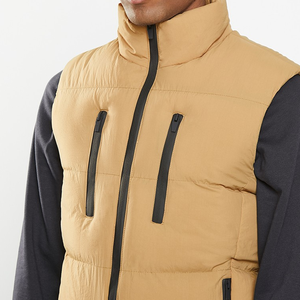 Men's Tan Quilted Puffer Vest Mandarin Collar Zipper Closure Reversible Washed Windproof Casual Winter Outerwear - Product Image 4