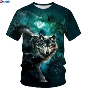 Camiseta de Hombre Talla Grande, Manga Corta, Cuello Redondo, Estampado Animal, Lobo con Ojos Rojos, Jersey Informal de Poliéster, Impresión por Sublimación - Product Image 2
