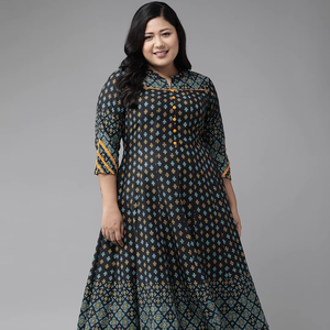 Kurta Anarkali en rayonne noire à motifs floraux, col mandarin, manches trois quarts, tenue décontractée pour femmes grandes tailles - Product Image 1