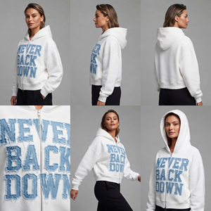 Vente en gros Sweat à capuche oversize court pour femme, entièrement zippé, en molleton bouclette épais 480 GSM - Product Image 5